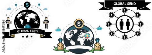 Global shipping and money transfer concept icons featuring world maps, people sending packages, digital location pins, and financial connectivity graphics