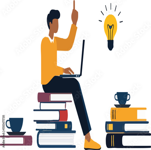 Young Man Working on Laptop Surrounded by Stacks of Books and Lightbulb Ideas – Study, Learning, Creativity, and Education Vector Illustration