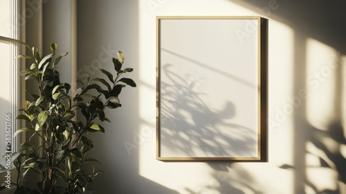 A simple poster (50x70, 20x28, or 20RP size) hangs on a white wall, decorated with a plant.  Sunlight streams in through a window, creating shadows.
