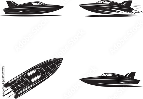 Set of Speed Boat silhouette vector illustration isolated On Transparent Background