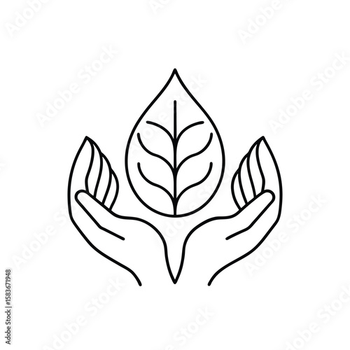Eco Care Icon – Minimalist Hands Holding Leaf Symbol for Environmental Protection and Sustainability