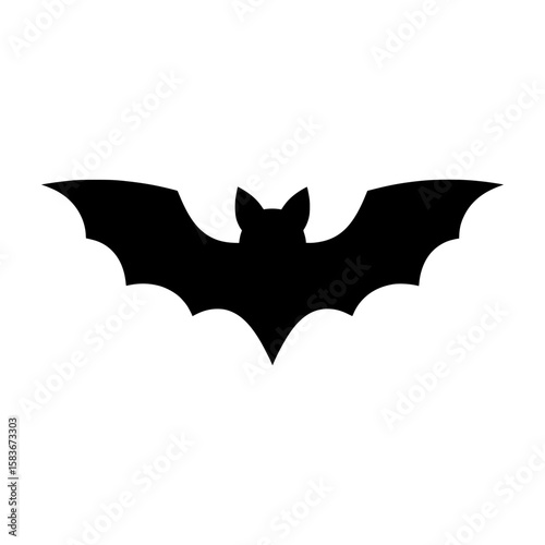 Black bat silhouette vector icon. Spooky Halloween animal with open wings isolated on white background., silhouette