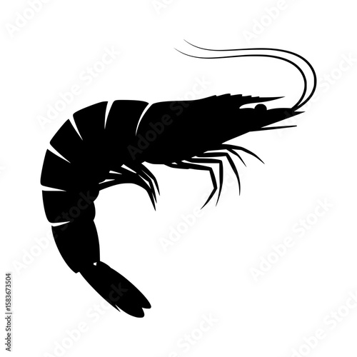 Black silhouette of a shrimp vector graphic. A simple marine crustacean illustration for seafood branding, silhouette