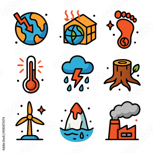 Global warming icons illustrating climate change effects, perfect for educational materials, presentations, and articles focusing on environmental issues and awareness.