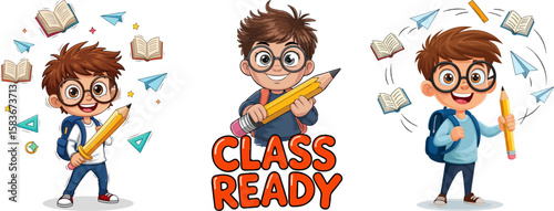 Cute School Boy Vector Clipart Set – Class Ready Student with Glasses, Pencil, Backpack, Books, Paper Planes – Back to School Vector Funny Cartoon Illustration
