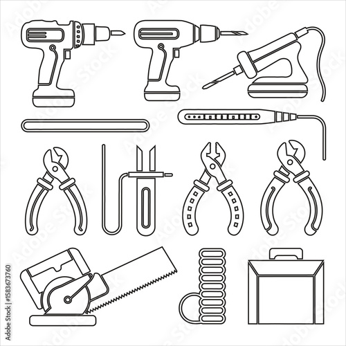 Assorted tools including drills pliers saw and soldering iron power drill wire cutters