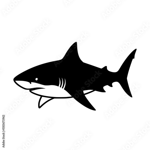 Great white shark silhouette vector illustration. Black and white graphic of a marine predator isolated on white, silhouette