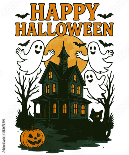 Happy Halloween Haunted House Illustration – Spooky Mansion with Ghosts, Bats, and Pumpkin – Classic Halloween Scene for Invitations, Party Decor, and Seasonal Art