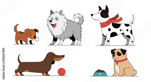 Adorable pixel art collection featuring diverse dog breeds enjoying playful activities and meals