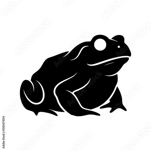Minimalist vector graphic of a toad silhouette. Black amphibian frog illustration isolated on white background, silhouette