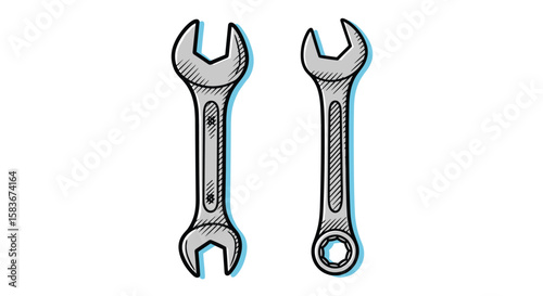 Two hand tools for mechanical repairs and adjustments showing open and box end wrenches