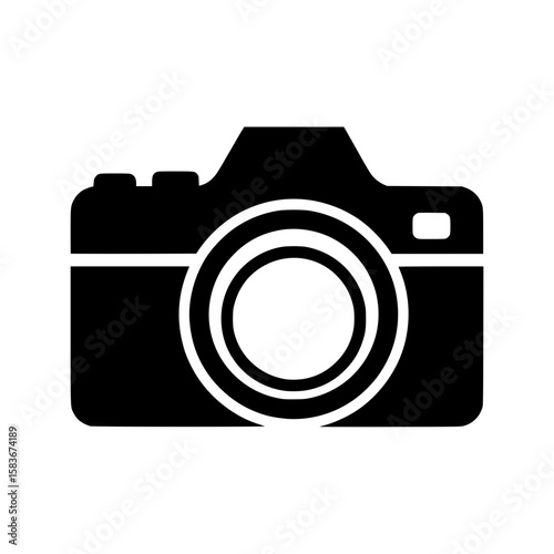 Monochrome vector icon of a DSLR camera silhouette. Isolated graphic for photography and media projects., silhouette