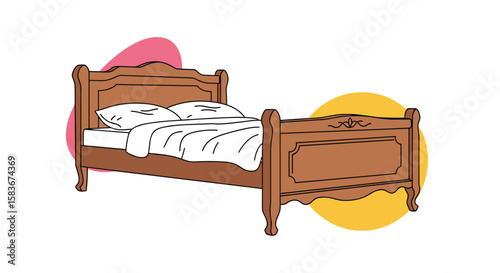Vintage wooden bed frame with a cozy white duvet and decorative pillows creating a charming and inviting bedroom atmosphere