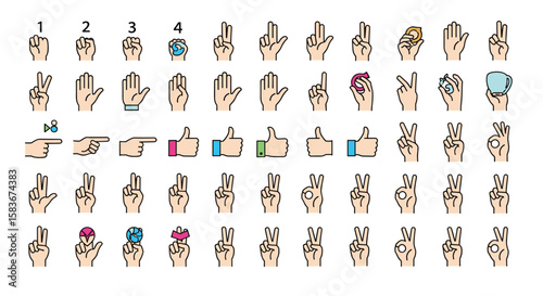 Collection of diverse pixelated hand gestures and symbolic poses representing communication and action