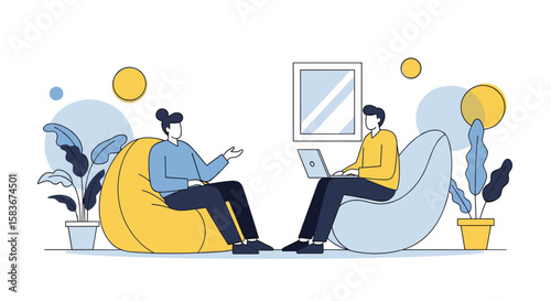 Two people sitting in comfortable beanbag chairs discussing ideas in a modern co-working space with plants and abstract shapes