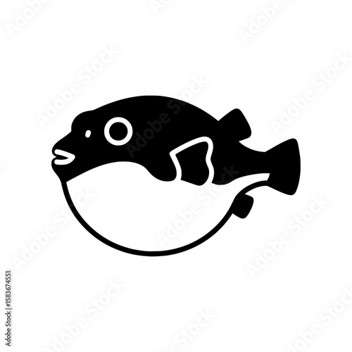 Simple black silhouette of a pufferfish. Vector graphic icon of a fugu or blowfish isolated on a white background, silhouette