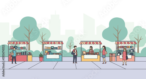 Diverse shoppers and vendors engage in a vibrant outdoor market scene with diverse stalls and city park background