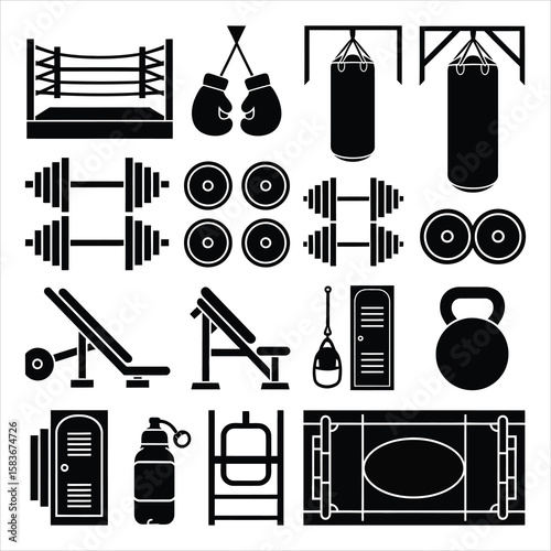 Boxing ring punching bags dumbbells kettlebell water bottle and gym equipment boxing gloves weight plates