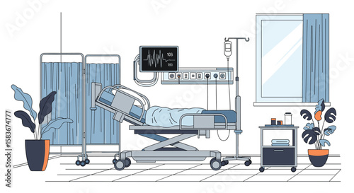 Modern hospital room interior with patient bed medical equipment and plants decoration providing care and comfort