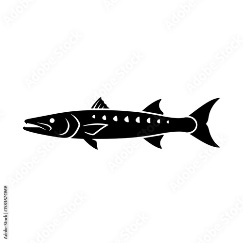 Vector silhouette of a great barracuda fish. Isolated black icon of a predatory ocean animal on white, silhouette