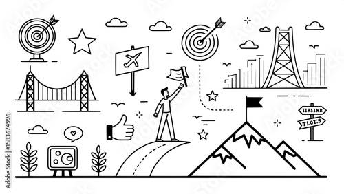 Black and white outline icons showing the journey of leadership development. Includes metaphorical imagery like bridges, arrows hitting targets, hands holding tools, vision boards, and mountains with 