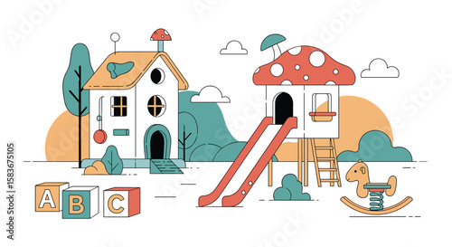 Children enjoying a vibrant playground with educational elements and imaginative structures for creative fun