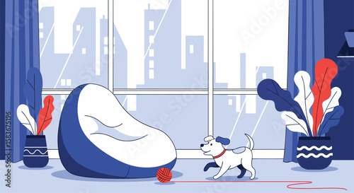 A playful pup enjoys a cozy afternoon indoors with a big beanbag chair and a bouncy red ball