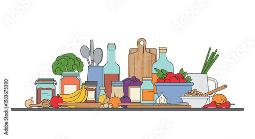 A colorful collection of healthy foods and kitchen ingredients displayed on a shelf