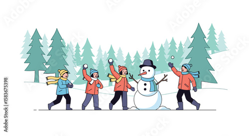 Children enjoying a playful snowball fight and building a snowman in a snowy forest scene during winter fun activities