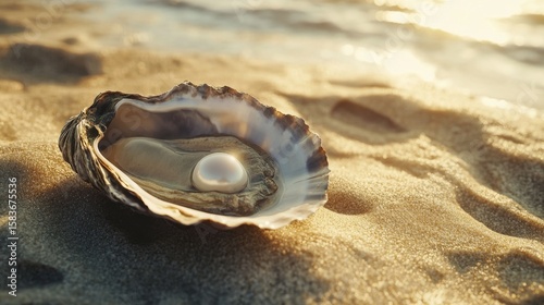 Captivating closeup of a pearl oyster on a sandy beach nature photography serene environment macro view for seo impact