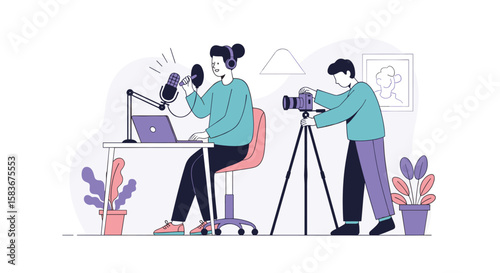Content creators recording podcast and filming video for online broadcast and streaming platforms