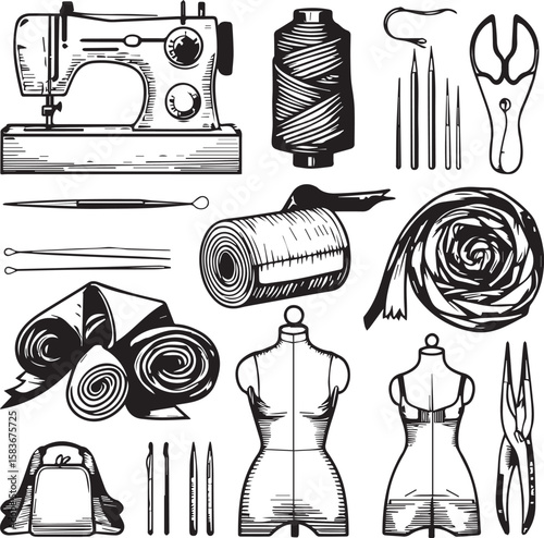 Sewing line icon set. Handicraft, knitting, sewing, tailor, fabric, threads, sewing machine, needle, pattern, mannequin and more. Outline vector icon in linear style. Pictogram collection vector