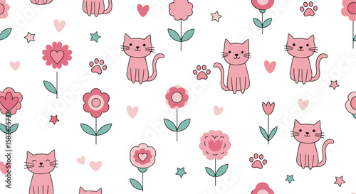 Charming pink pixel art cats and flowers pattern for a whimsical and adorable aesthetic