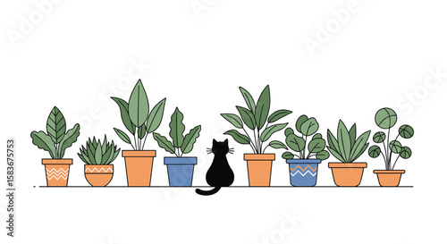 Adorable black cat sits on a shelf admiring a collection of potted houseplants