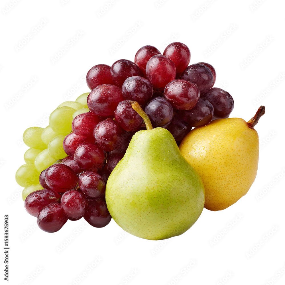Fresh ripe grapes and pears with water droplets isolated on transparent background Fresh ripe grapes and pears with water droplets isolated on transparent background