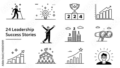 A grid of 24 black and white line art icons representing leadership success stories. Icons include a person receiving an award, celebratory gestures, growth charts, handshake under spotlight, and a pe