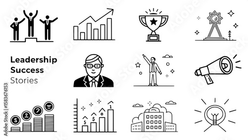 A grid of 24 black and white line art icons representing leadership success stories. Icons include a person receiving an award, celebratory gestures, growth charts, handshake under spotlight, and a pe