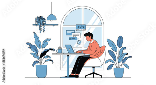 Modern home office setup with plants and natural light enhancing productivity and well-being