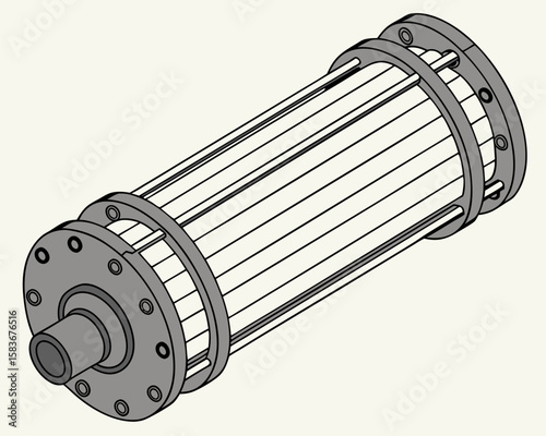 Detailed isometric illustration of uranium fuel rods with structural rings, components of a nuclear reactor core bundle.