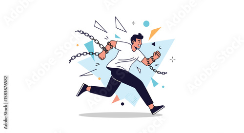 Dynamic illustration of a determined person sprinting through abstract geometric shapes with energetic lines conveying momentum and speed