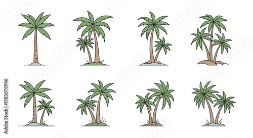 Collection of pixel art palm trees in various arrangements and styles for tropical island and beach scenes