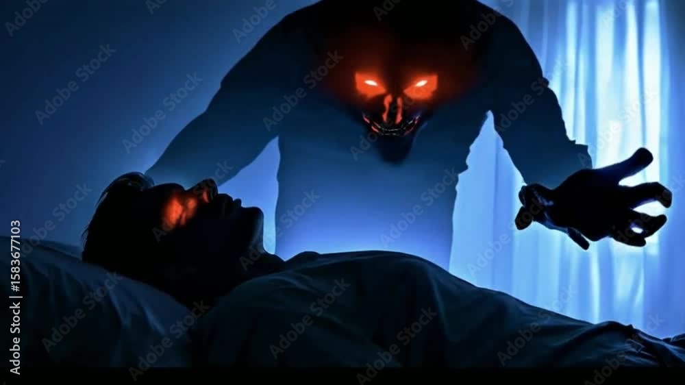Shadow person with glowing red eyes hovers over a sleeping person, supernatural evil apparition, sleep paralysis