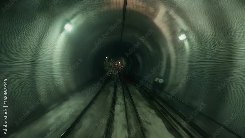 Dark tunnel with glowing reflections of water and lights creating an atmospheric journey through murky depths.