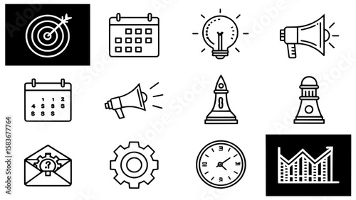 A structured grid of leadership-related icons using a flat, outline style. Includes icons of time management (calendar and clock), strategy (chess pieces), influence (megaphone), and innovation (rocke