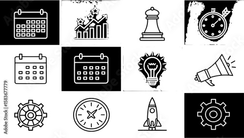 A structured grid of leadership-related icons using a flat, outline style. Includes icons of time management (calendar and clock), strategy (chess pieces), influence (megaphone), and innovation (rocke