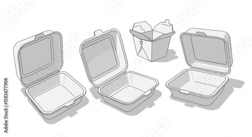 Collection of clamshell food containers in various open positions showcasing their versatile packaging solutions for takeout and delivery services