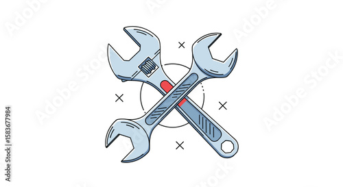 A pair of metal wrenches crossed together showing a simple engineering concept illustrating mechanics and tools