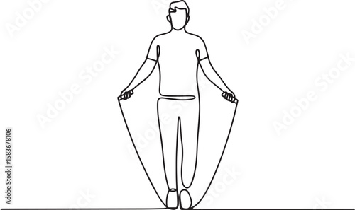Continuous line art drawing of young man jumping with skipping rope, minimalist fitness exercise illustration

