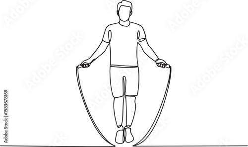 Continuous line art drawing of young man jumping with skipping rope, minimalist fitness exercise illustration

