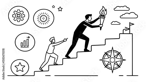 A minimalist line icon grid focusing on leadership in action. Icons include a person giving instructions, a torch being passed, a person helping another up a cliff, team synergy symbols, and direction
